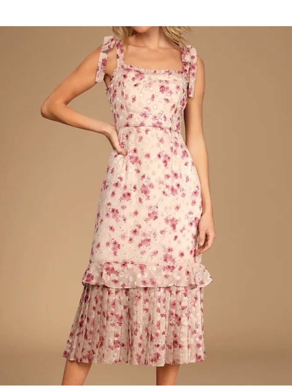 Lulus Terrace Views Taupe Floral Print Tiered Midi Dress Large